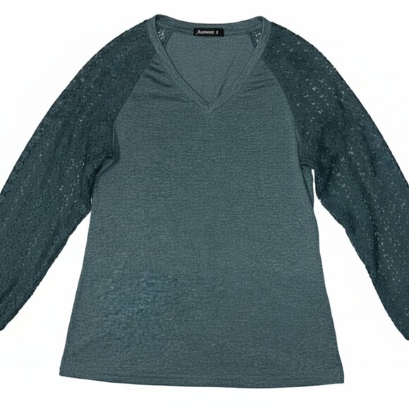 Modern Woman’s Automet Deep Jade Green Long Sleeve V-Neck Shirt with Lace Sleeve - Picture 1 of 8